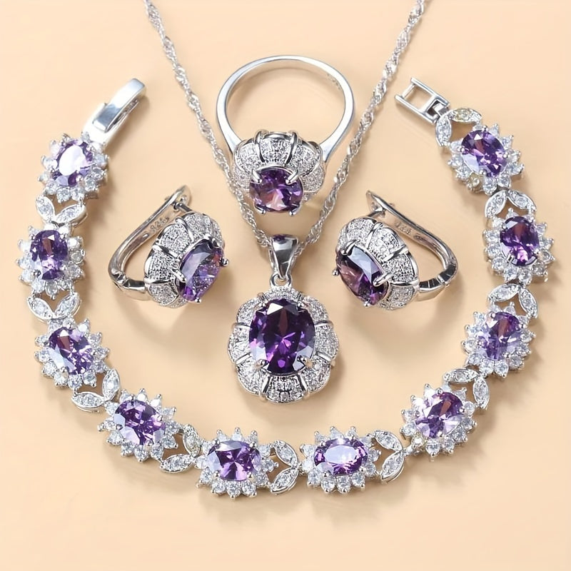Women's Jewelry Set with Necklace Earrings Ring and Bracelet Silver Plated Cubic Zirconia
