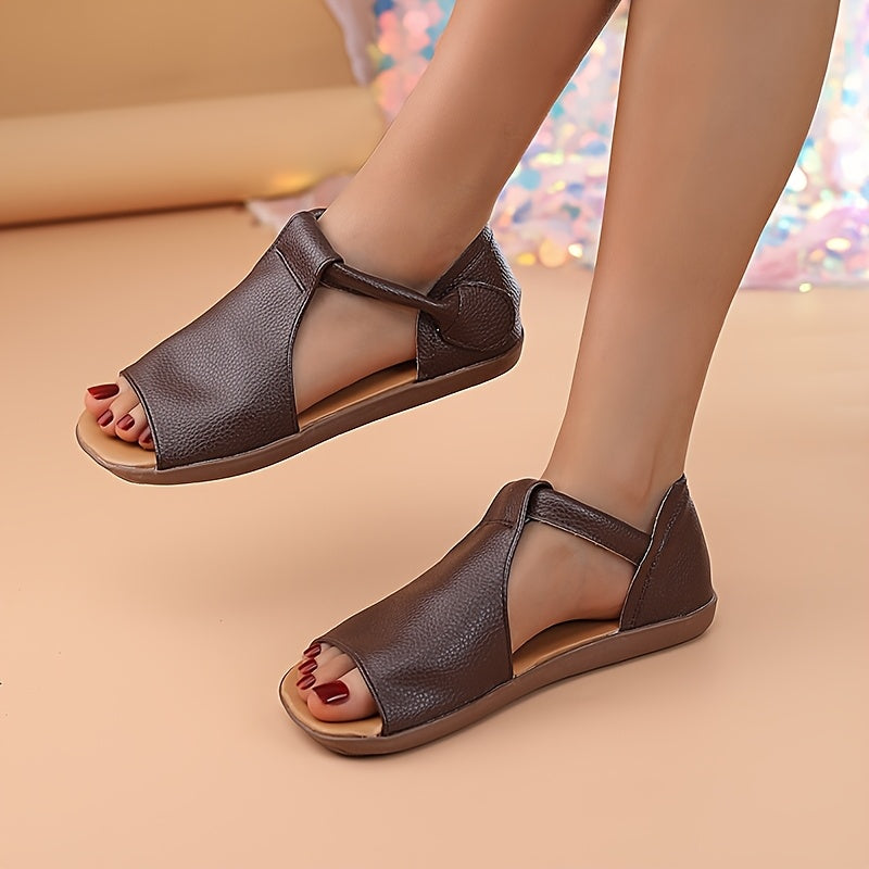 Women's Slip-On Flat Sandals Tan Open-Toe Ankle Strap Summer Shoes