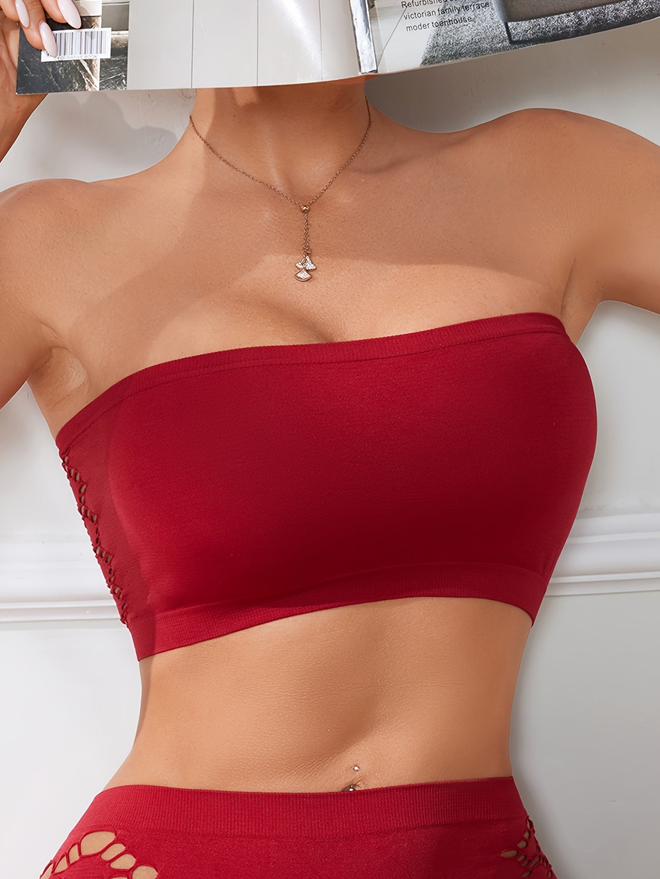 Women's Breathable Wireless Bandeau Bra with Hollow Mesh Fabric