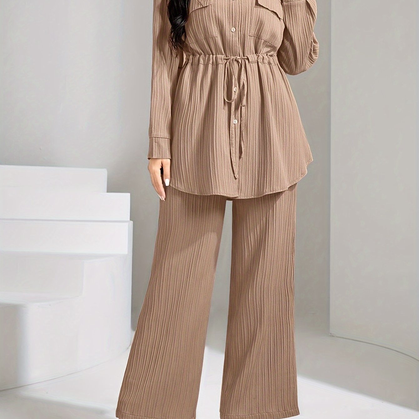 Women's Polyester Suit with Lapel Collar Solid Color Woven Fabric Long Sleeve Wide Leg Pants for Spring Fall