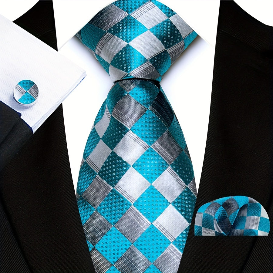 Men's Plaid Pattern Tie Pocket Scarf Cuff Set for Suits Gift