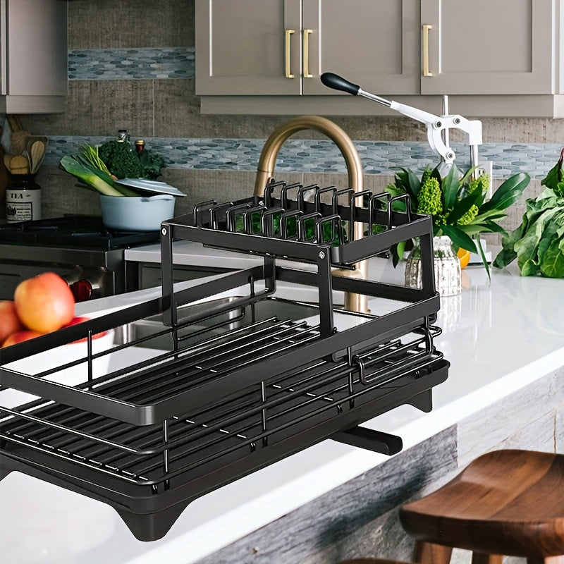 Double Layer Dish Rack with Drainboard and Utensil Holder for Kitchen Countertop Storage