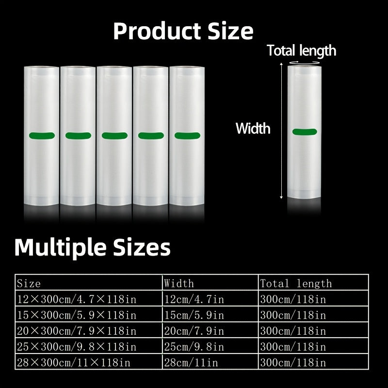 Vakuum Sealer Rolls - 5 dona, 3m uzunlik, ko‘p kenglik (28cm, 30cm, 33cm), mustahkam, yirtiqlarga chidamli dizayn, yangi saqlash va uzaytirilgan raf umr uchun, to'g'ridan-to'g'ri oziq-ovqat bilan xavfsiz, PE+PA