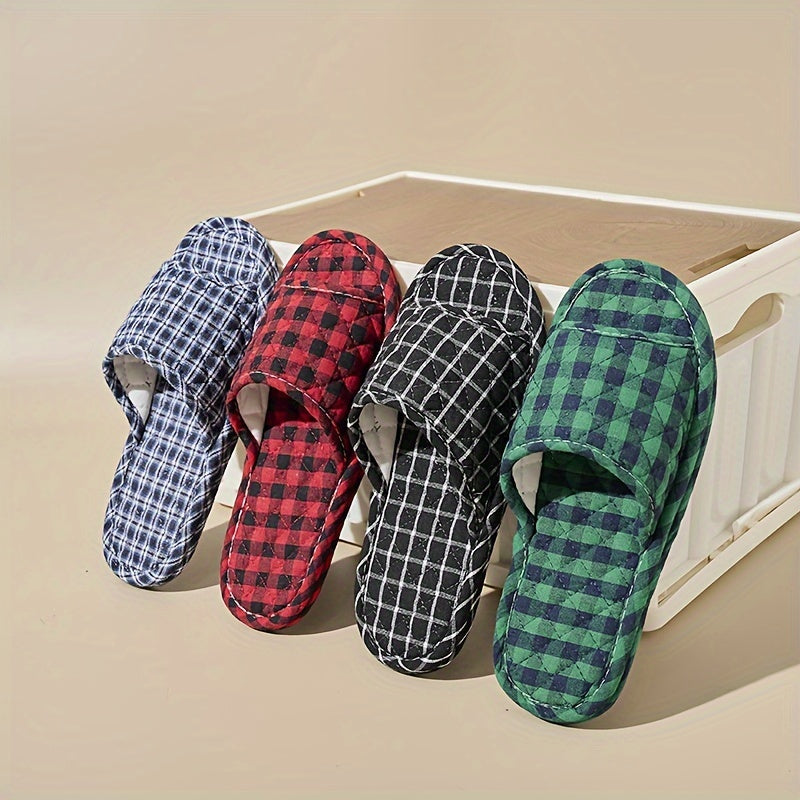 Women's Plush Fabric Slip-On Indoor Slippers with Checkered Pattern