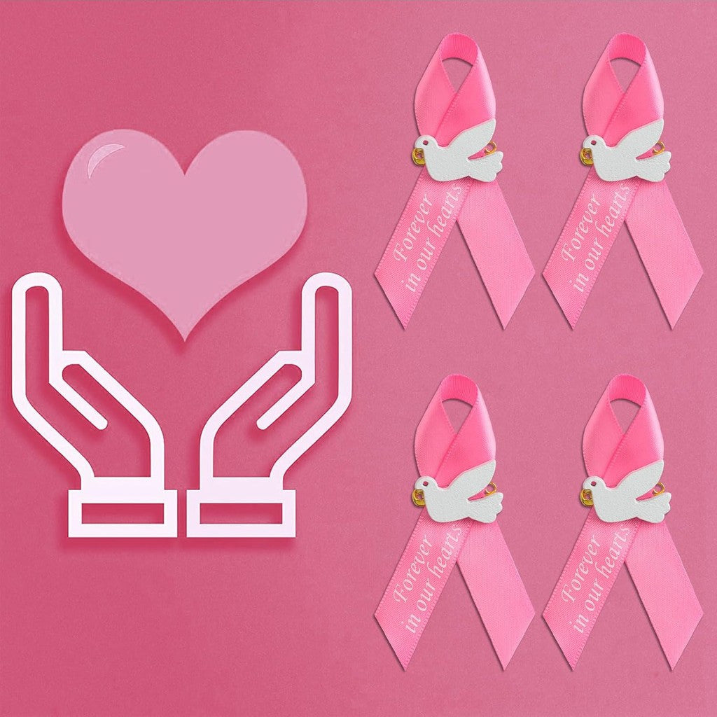 Pink Satin Ribbon Pins with Dove and "Forever in Our Hearts" Memorial Brooches