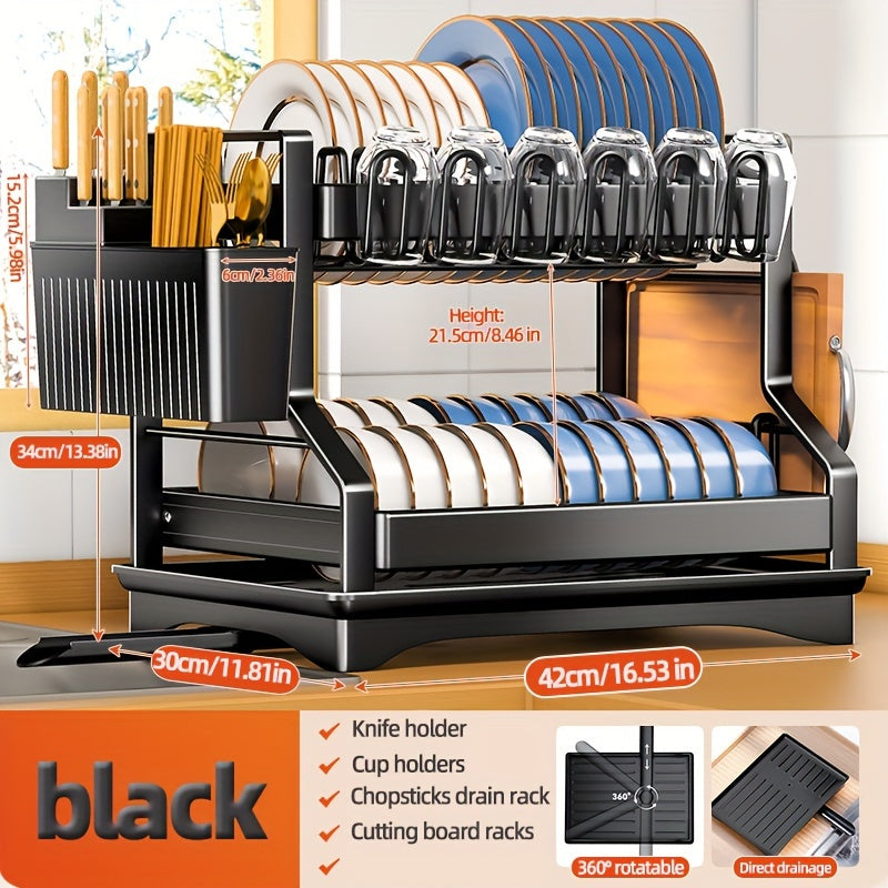 Двухслойная сушилка для посуды - поддерживайте порядок на кухне с помощью этой удобной стойки, которая включает место для палочек, водных стаканов и разделочных досок. Большая емкость для слива помогает сохранять посуду сухой и аккуратно хранящейся.