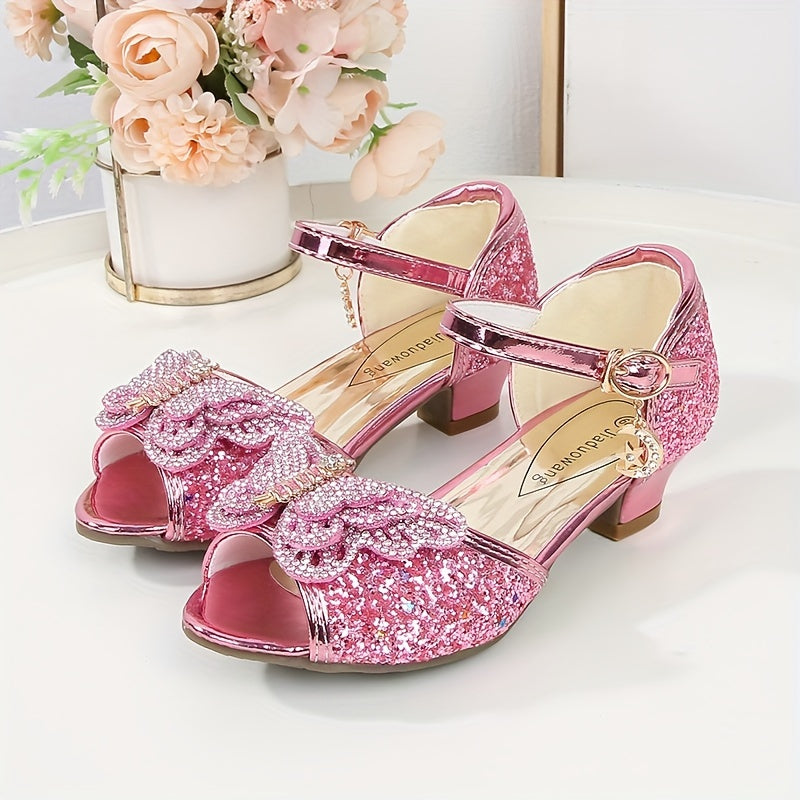 Девочки летние туфли-танцевальные на каблуке в стиле бабочка принцесса с пайетками и пряжкой