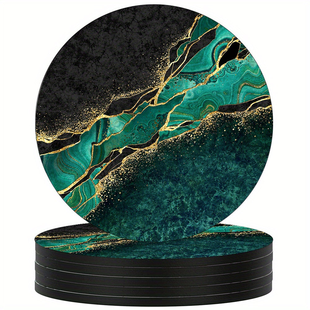 Luxury Gold Marbling Coasters Set 6 Absorbent Rubber Non-Slip 10.16cm Round
