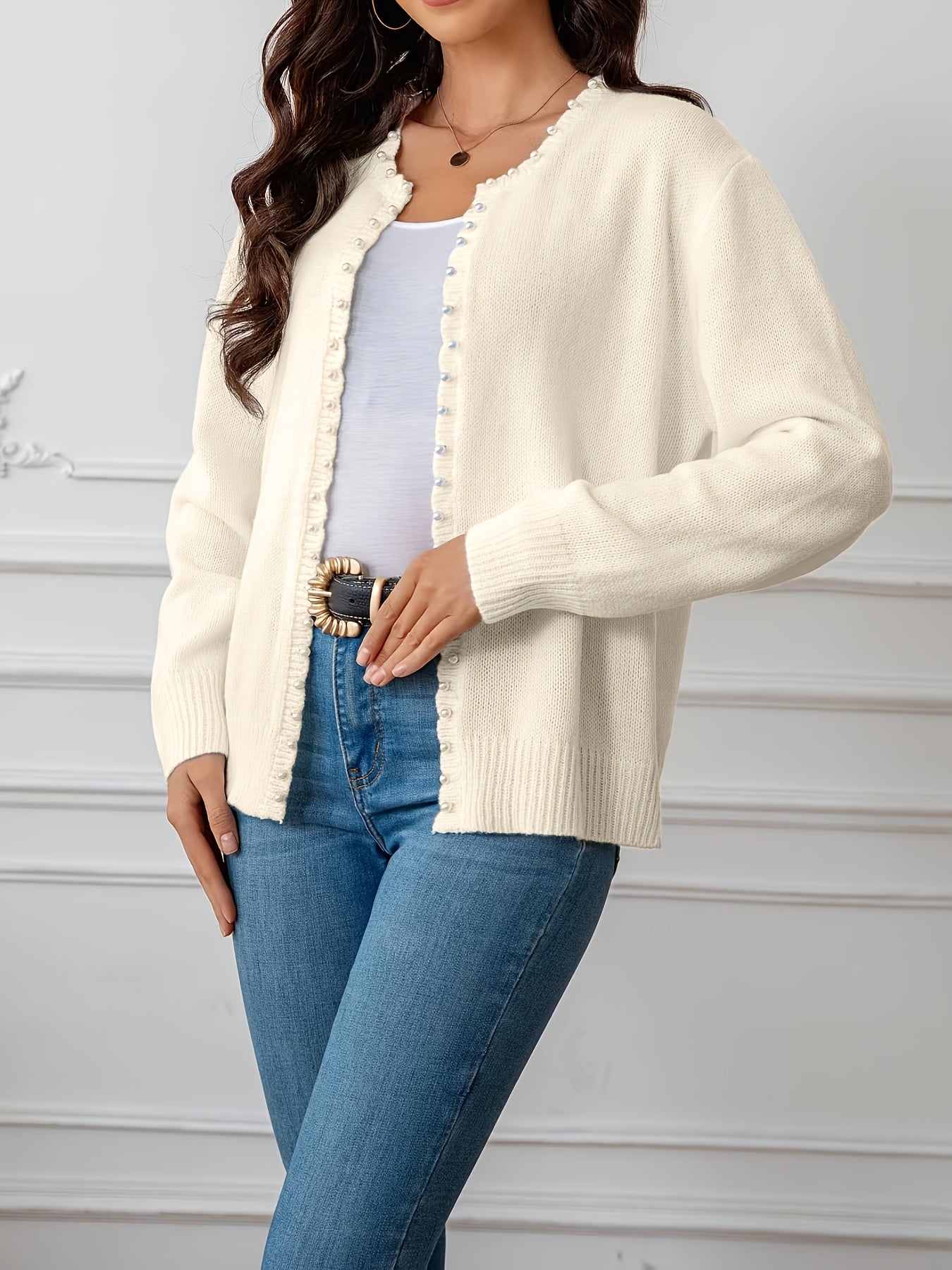 Women's Oversized Cozy Knit Cardigan with White Trim Navy Blue Winter Layering