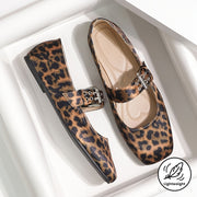 Women's Leopard Print Mary Jane Flats Square Toe Buckle Comfort Shoes