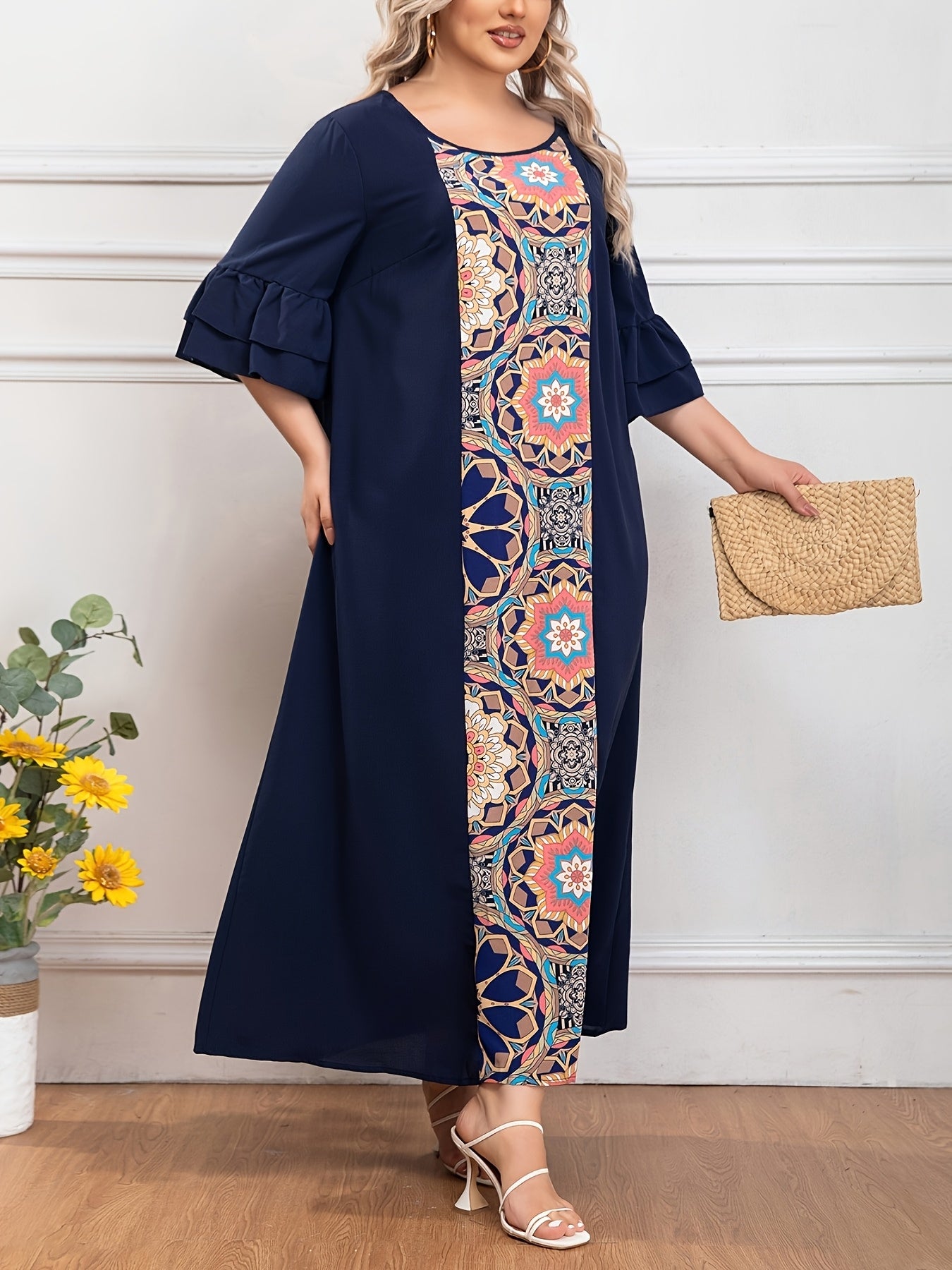 Plus o'lcham ayollar uchun erkin fitli krepe kiyi bilan yorqin bosma, barcha mavsumlar uchun qulaylik