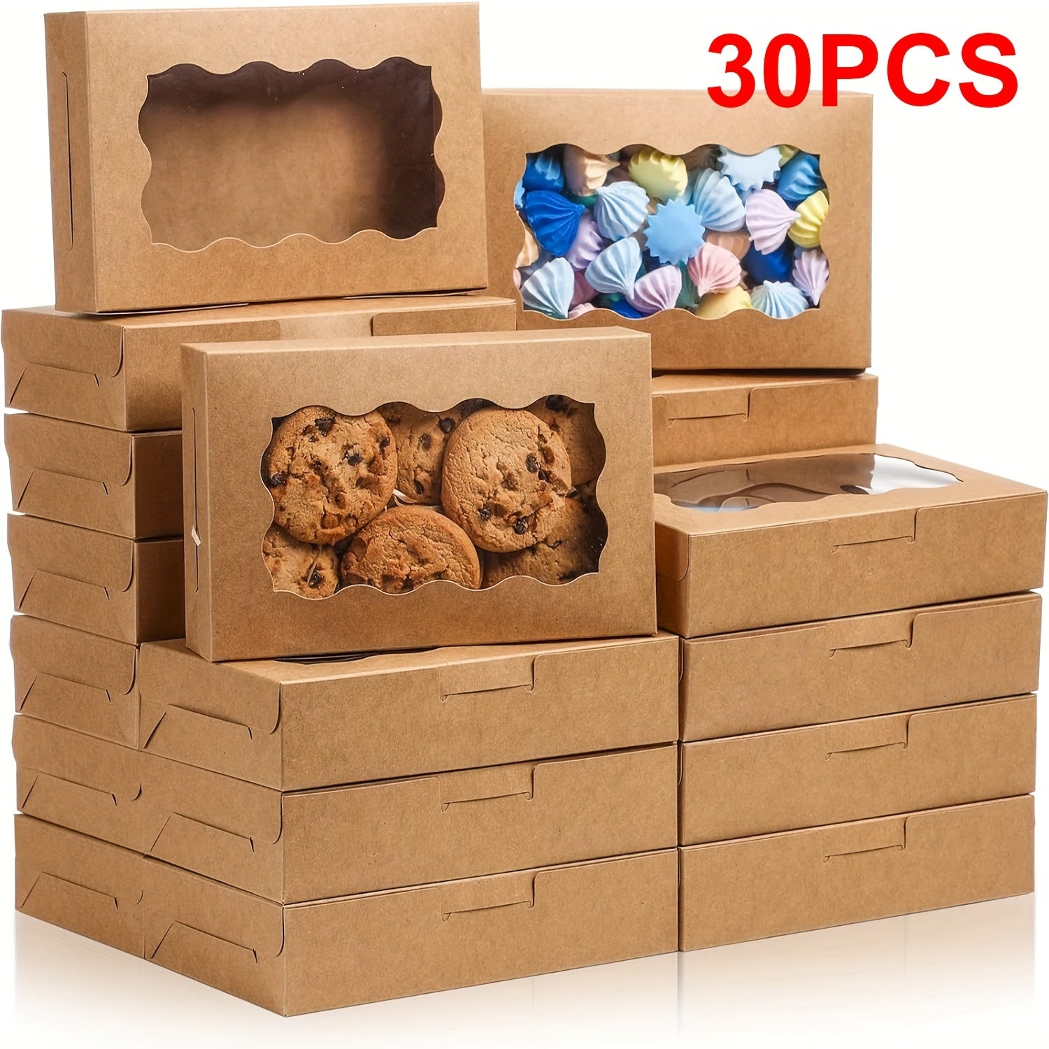 30-Pack Kraft Paper Bakery Boxes with Clear Window for Cookies Cupcakes and Candy