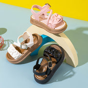 Girls Kids Black PVC Princess Sandals with Ruffled Design and Hook and Loop Closure