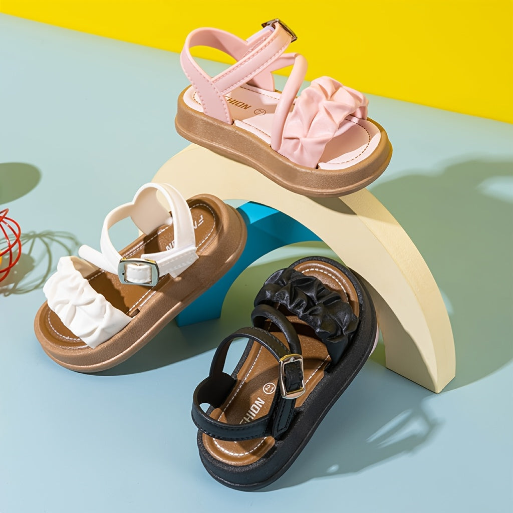 Girls Kids Black PVC Princess Sandals with Ruffled Design and Hook and Loop Closure