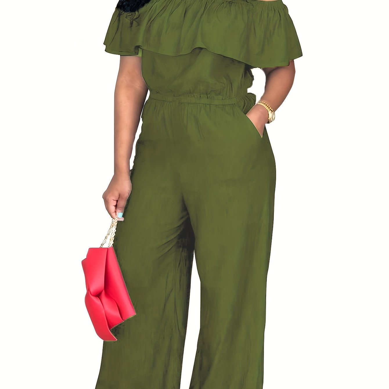 Plus Size Olive Green Off-Shoulder Jumpsuit Wide-Leg Romper for Women