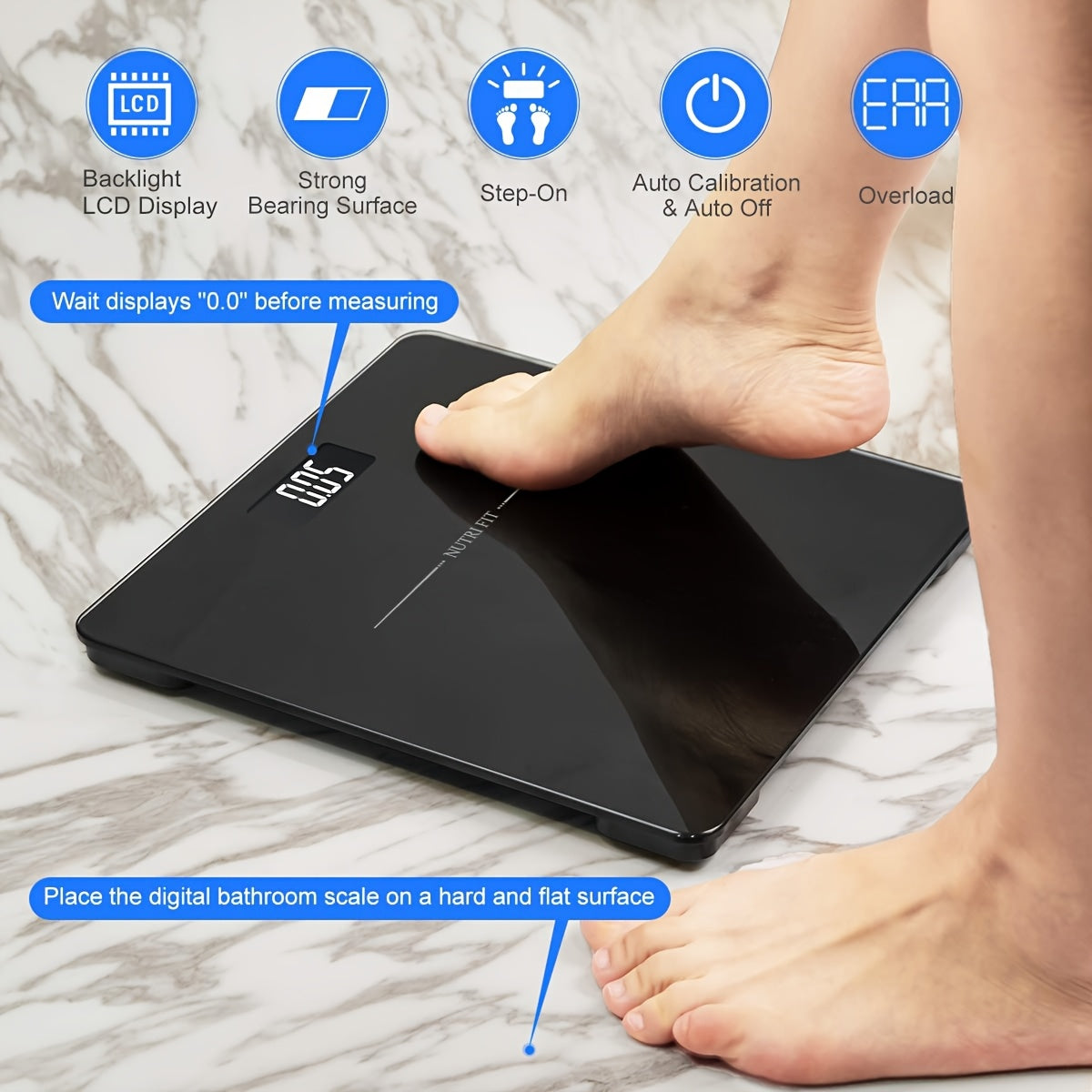 NUTRI FIT Digital Bathroom Scale LCD displey bilan, jismoniy vazn o‘lchash uchun kuchli va aniq, batareyali (Batareyalar kiritilmagan)