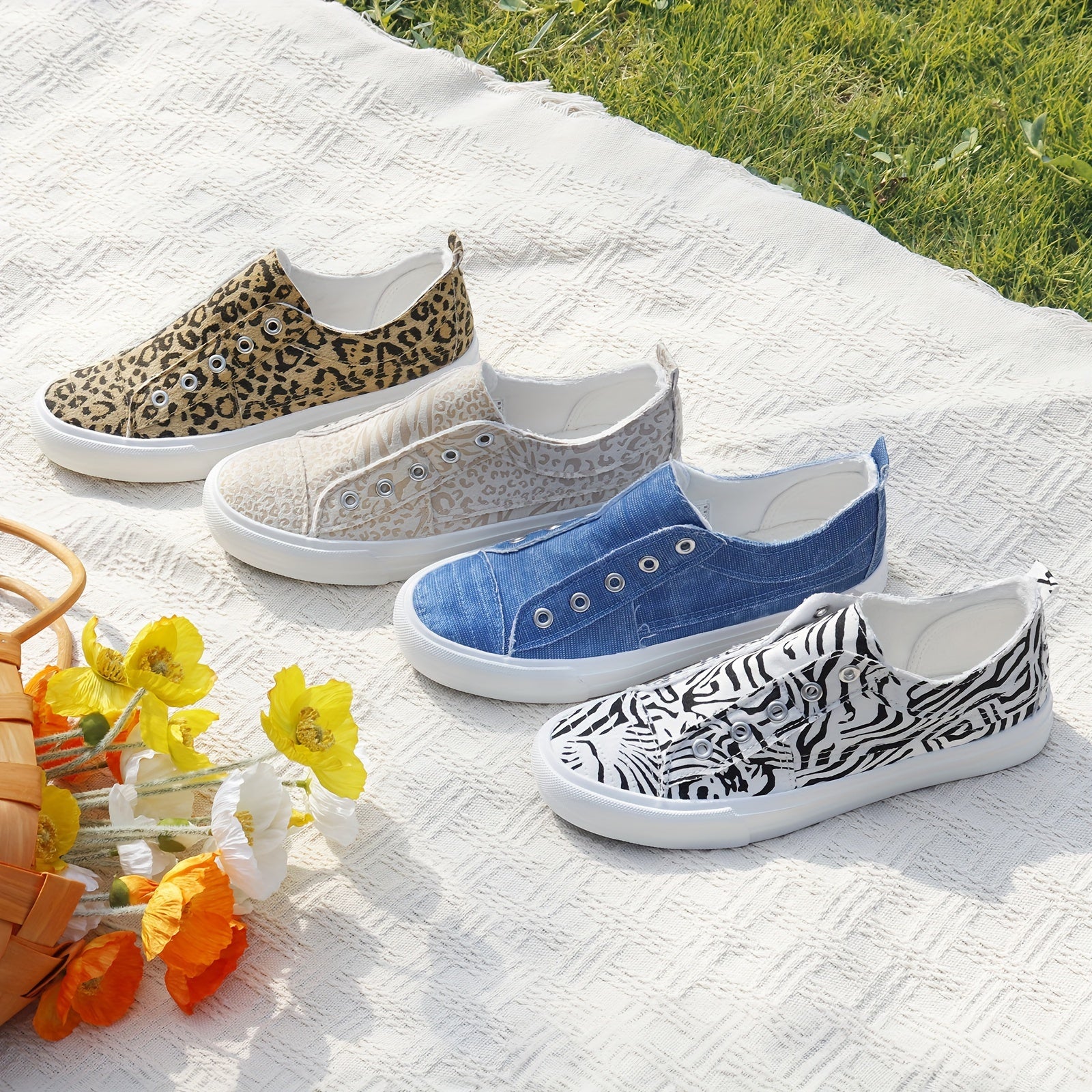 Women's Slip-On Sneakers White Casual Shoes Breathable Fabric All-Season