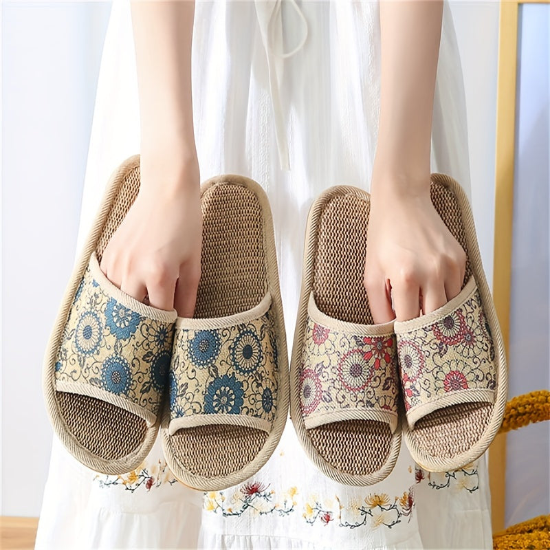 Women Flower Pattern Slippers Open Toe Linen Indoor Shoes