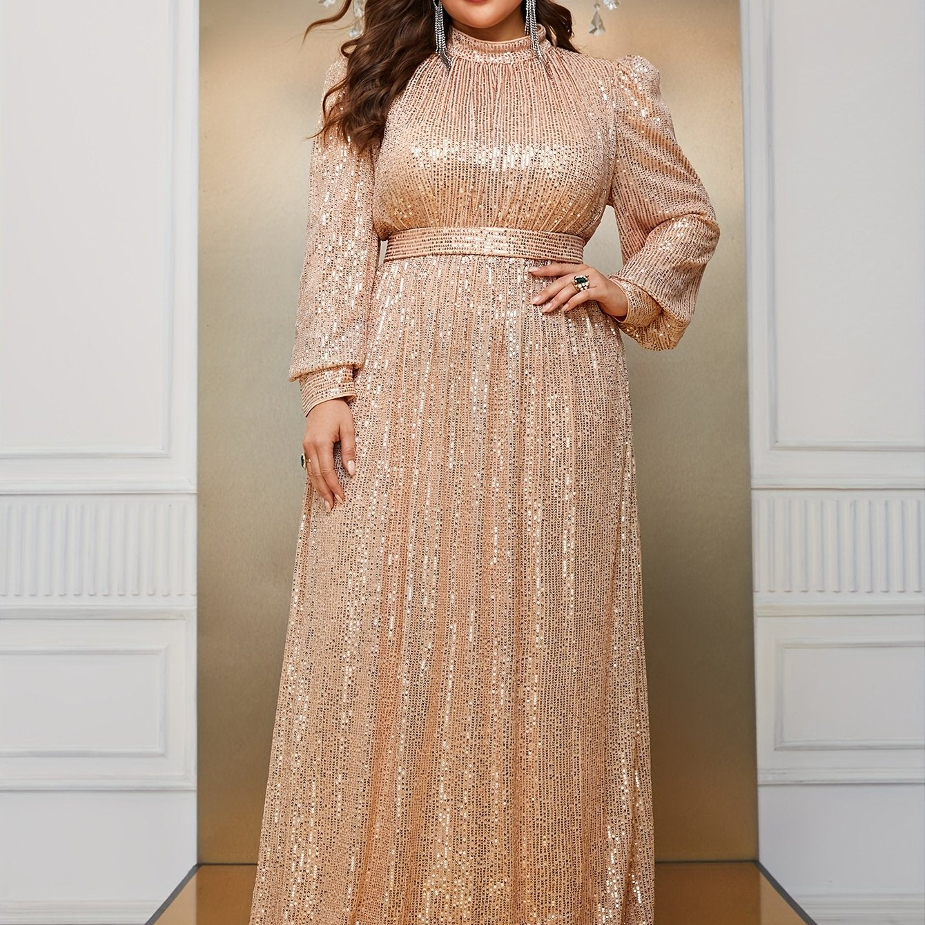 Plus Size Sequin Party Dress Long Sleeve Formal Gown for Weddings Proms