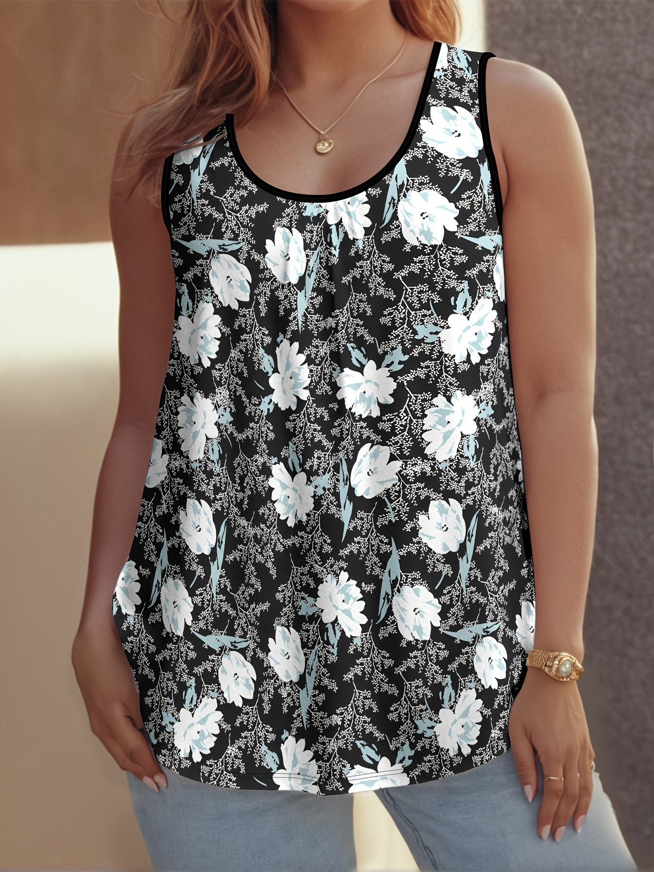 Plus Size Women's Floral Print Tank Top Breathable Summer Casual Wear