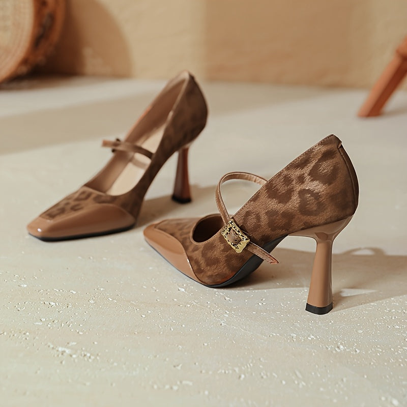 Women's Plus Size Leopard Print Pointed Toe Heeled Shoes with Ankle Strap