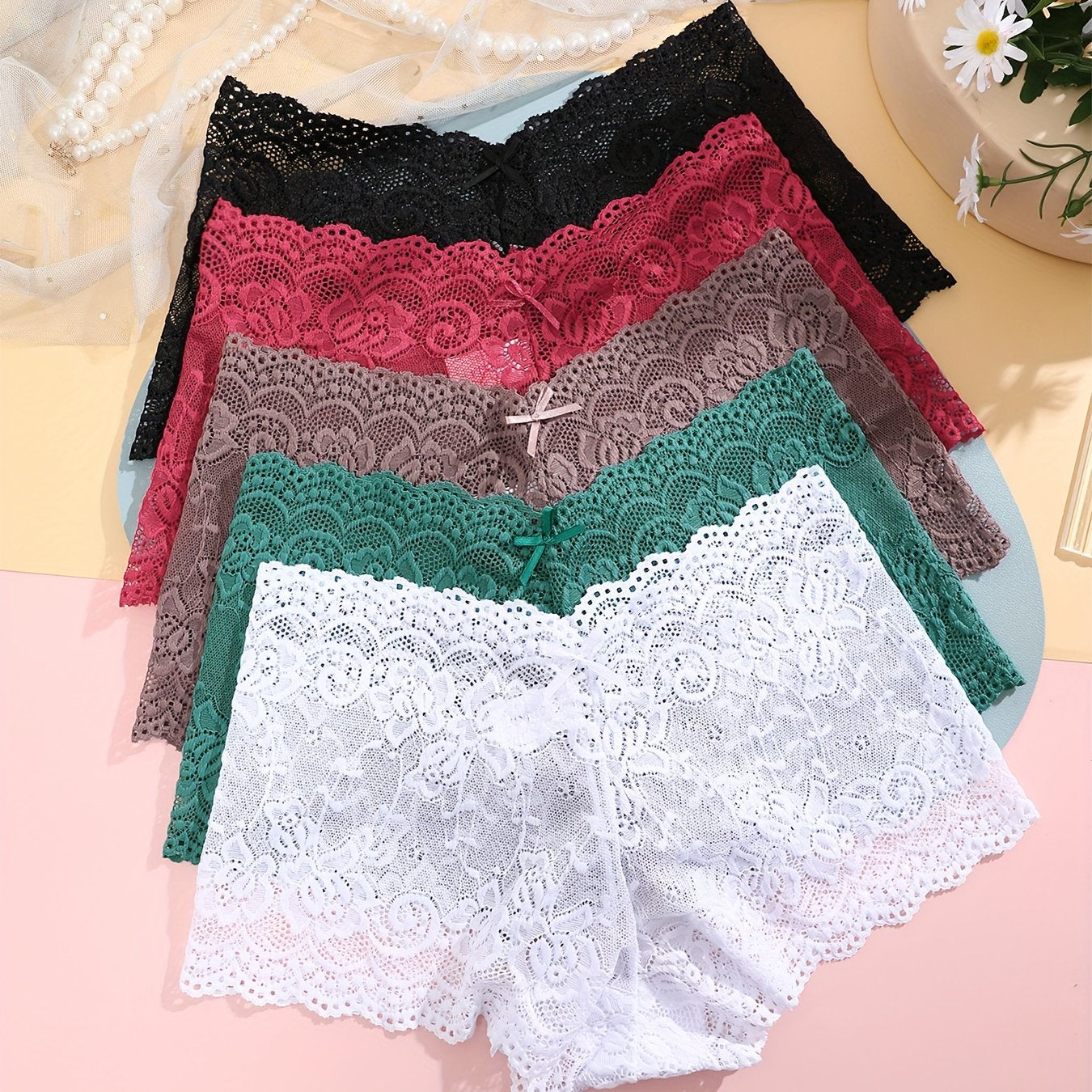 Women's Floral Lace Mid-Rise Panties Solid Color Sexy Knit Shorts Set of 5