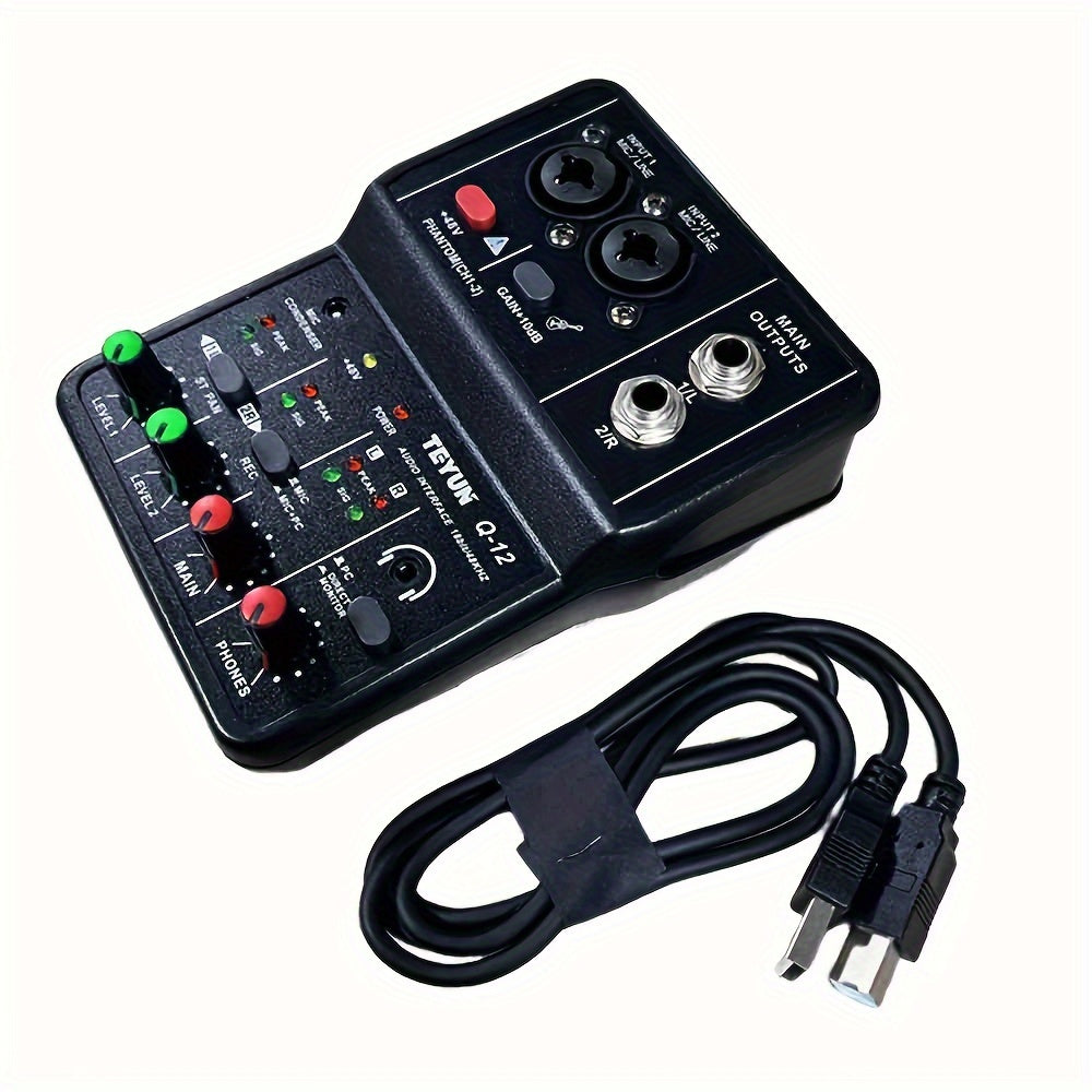 Black USB Audio Interface Mixer with XLR Inputs Phantom Power and Microphone Jack