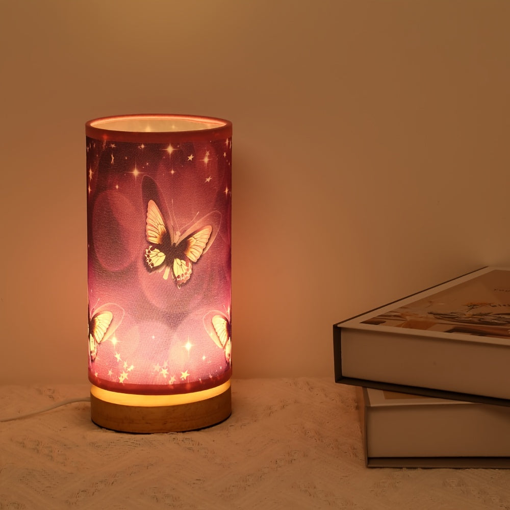 Purple Butterfly Table Lamp with Wood Base for Bedroom or Room Decor