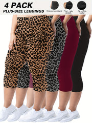 Women's Plus-Size High Waist 7-Inch Capri Leggings Breathable Stretchy Leopard Print