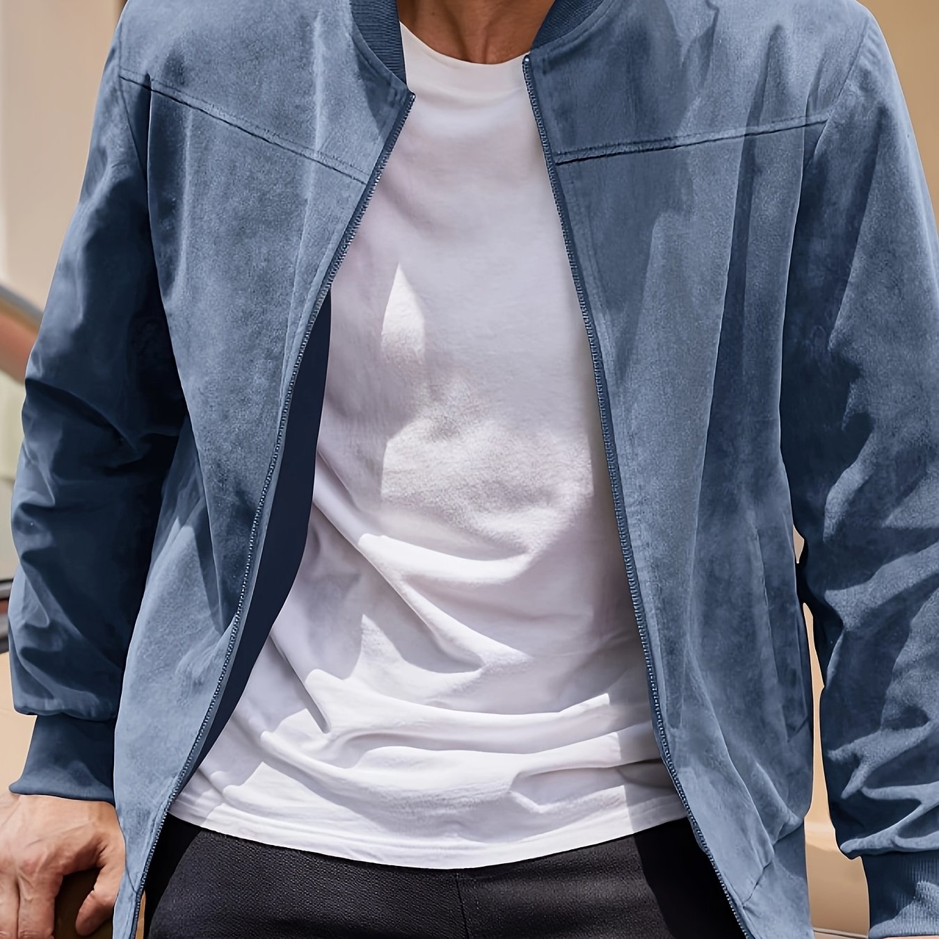 Men's Navy Blue Lightweight Polyester Jacket with Stand Collar and Full-Zip for Spring and Autumn