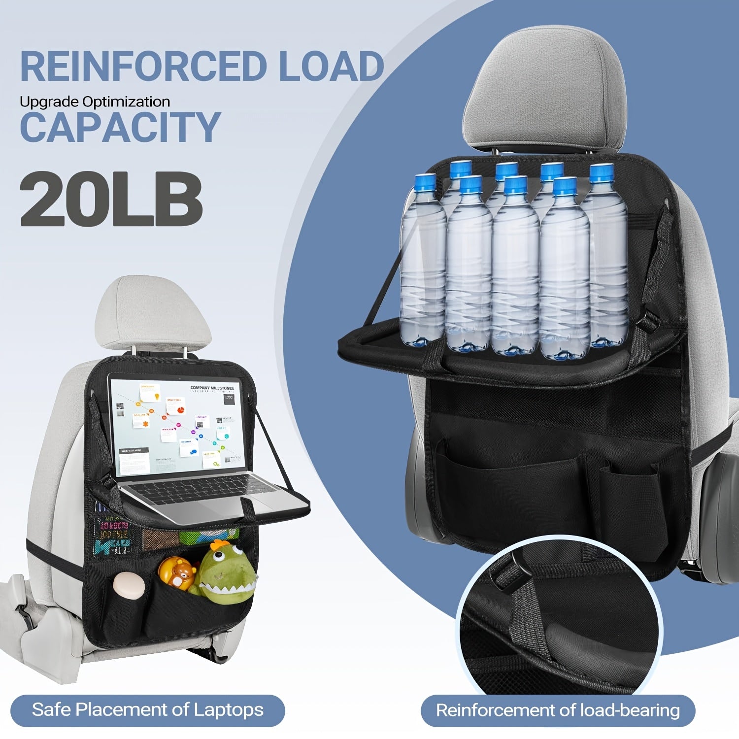 Organizador de asiento para coche con bolsa de almacenamiento y bandeja para snacks y juguetes