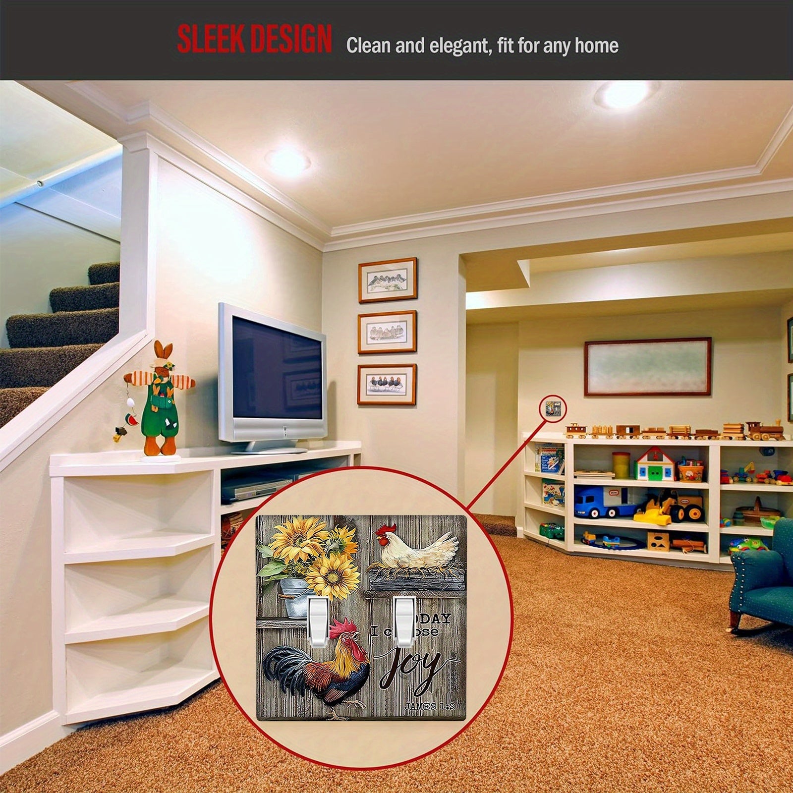 Rustic Rooster Light Switch Cover Decorative Wall Plate Easy Install Battery-Free for Home Kitchen Bedroom