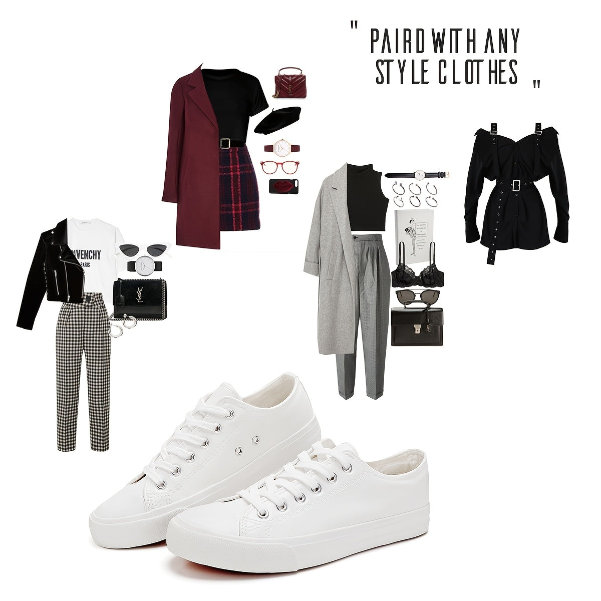 Women's White Casual Sneakers Low-Top Lace-Up Round Toe All-Season Comfort