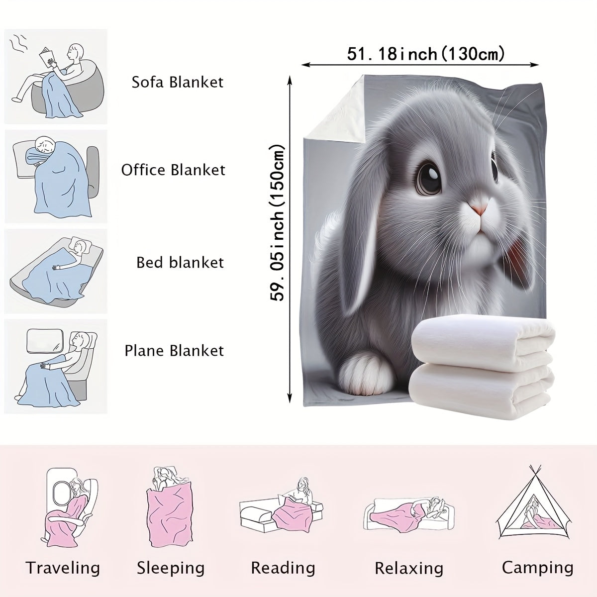 Gray Plush Rabbit Blanket Soft 3D Cartoon Cuddle Throw for Couch Bed Car