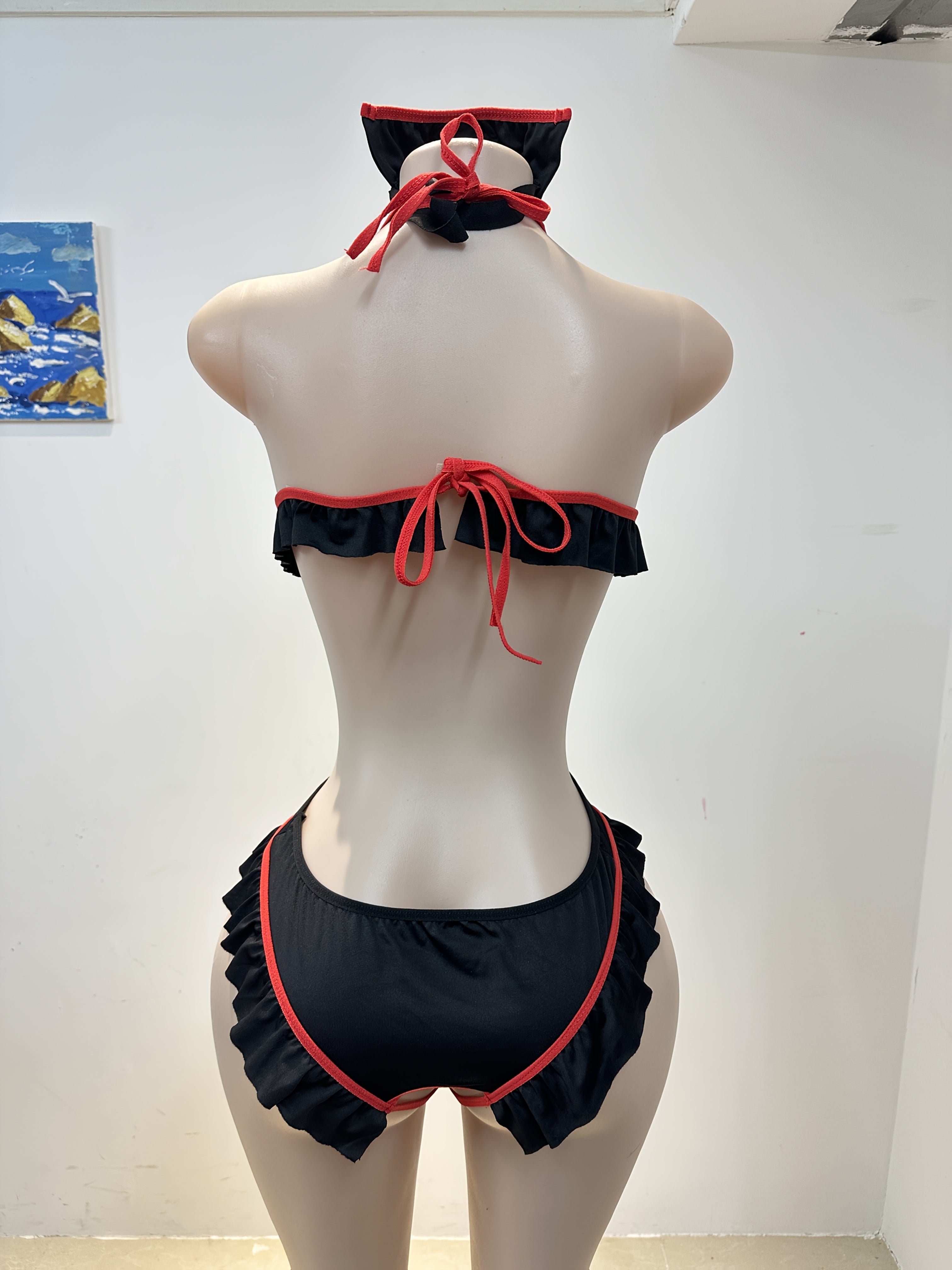 Plus Size Black Red Lace Bodysuit Masquerade Maid Costume for Adults