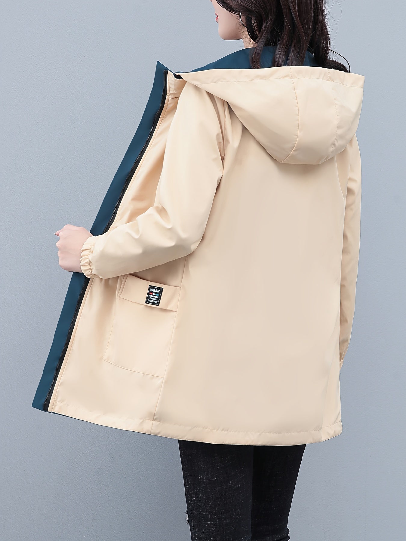 Women's Polyester Long Sleeve Hooded Windbreaker Jacket with Drawstring Waist for Spring and Fall