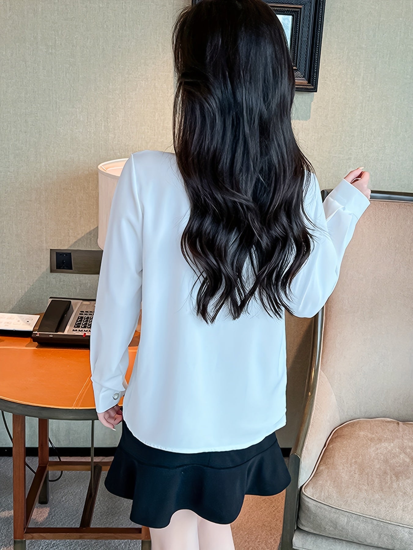 Women's French Style Blouse with Rhinestone Puff Sleeves and Lapel Collar