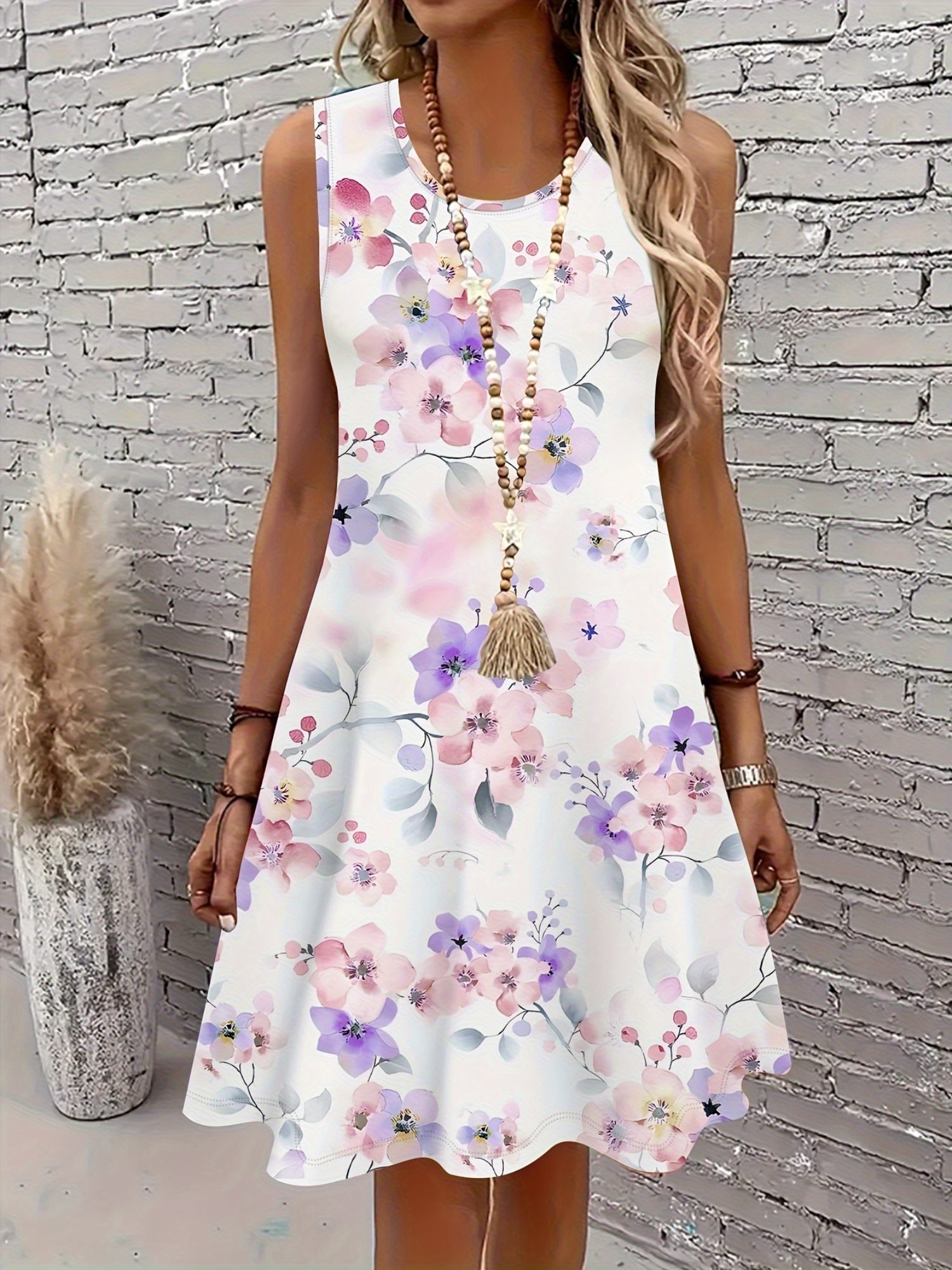 Women's Plus Size Floral Sleeveless Summer Dress Lightweight Breathable Pink Purple