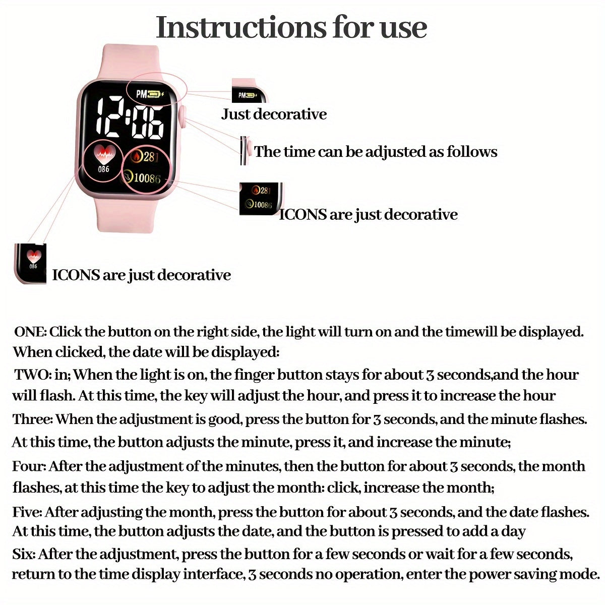 6 ta ayollar uchun pushti silikon raqamli soatlar to'plami, kvadrat displey va plastmassa korpuslar bilan