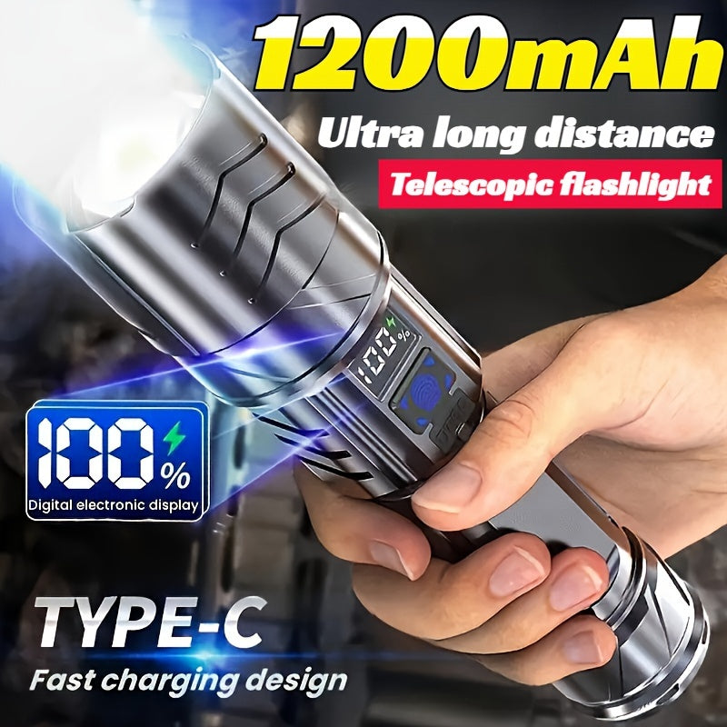 Rechargeable Tactical Flashlight with Digital Display 350-500 Lumens 200-500m Range Metal Finish