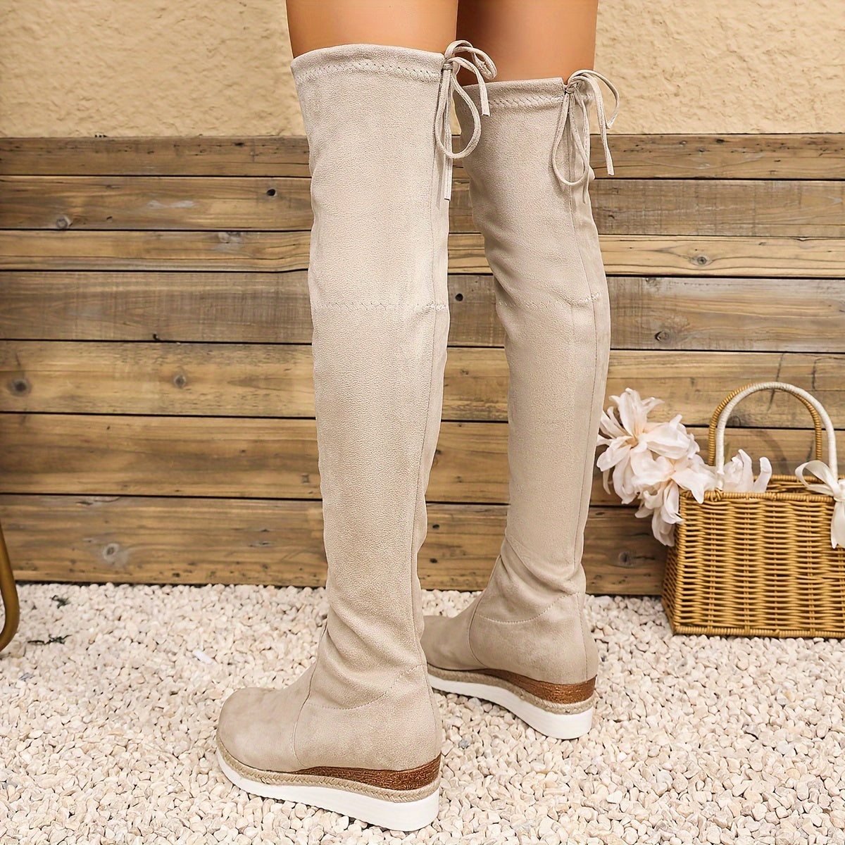 Women's Beige Over-the-Knee Boots With Thick Sole and Elastic Fit