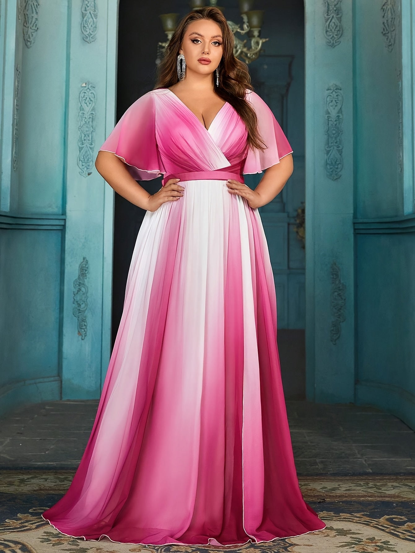 Plus Size V-Neck Short Sleeve Chiffon Evening Dress with Slit and Ruching