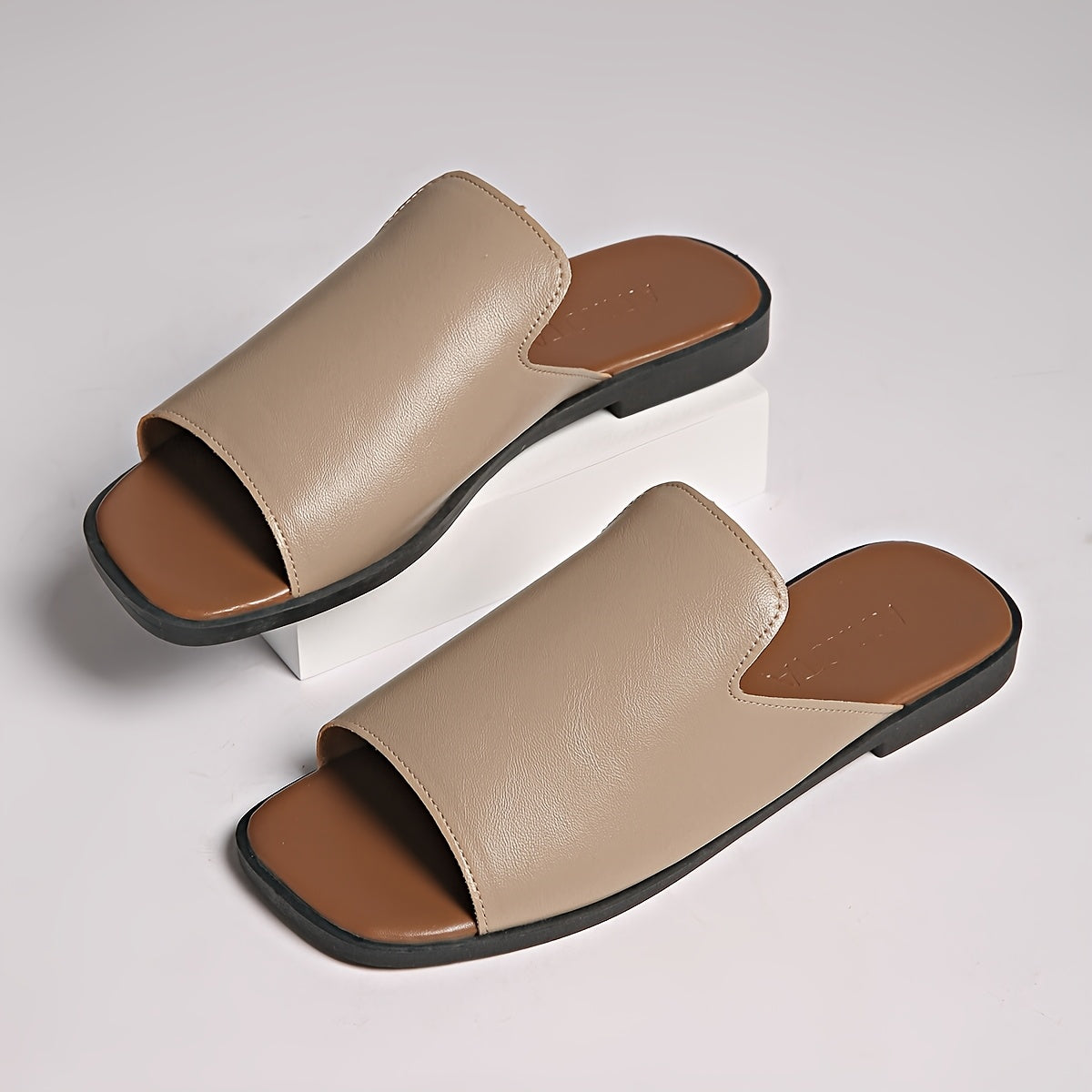 Women's Summer Flat Sandals Black Faux Cover Tan Sole Slip-On Arch Support