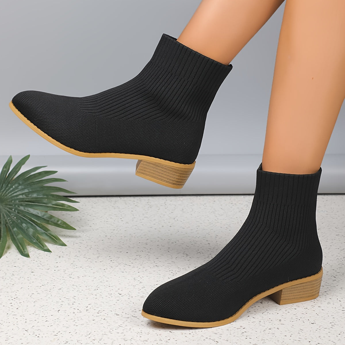 Women's Knit Boots Breathable Round Toe Chunky Heels Fall Sneakers