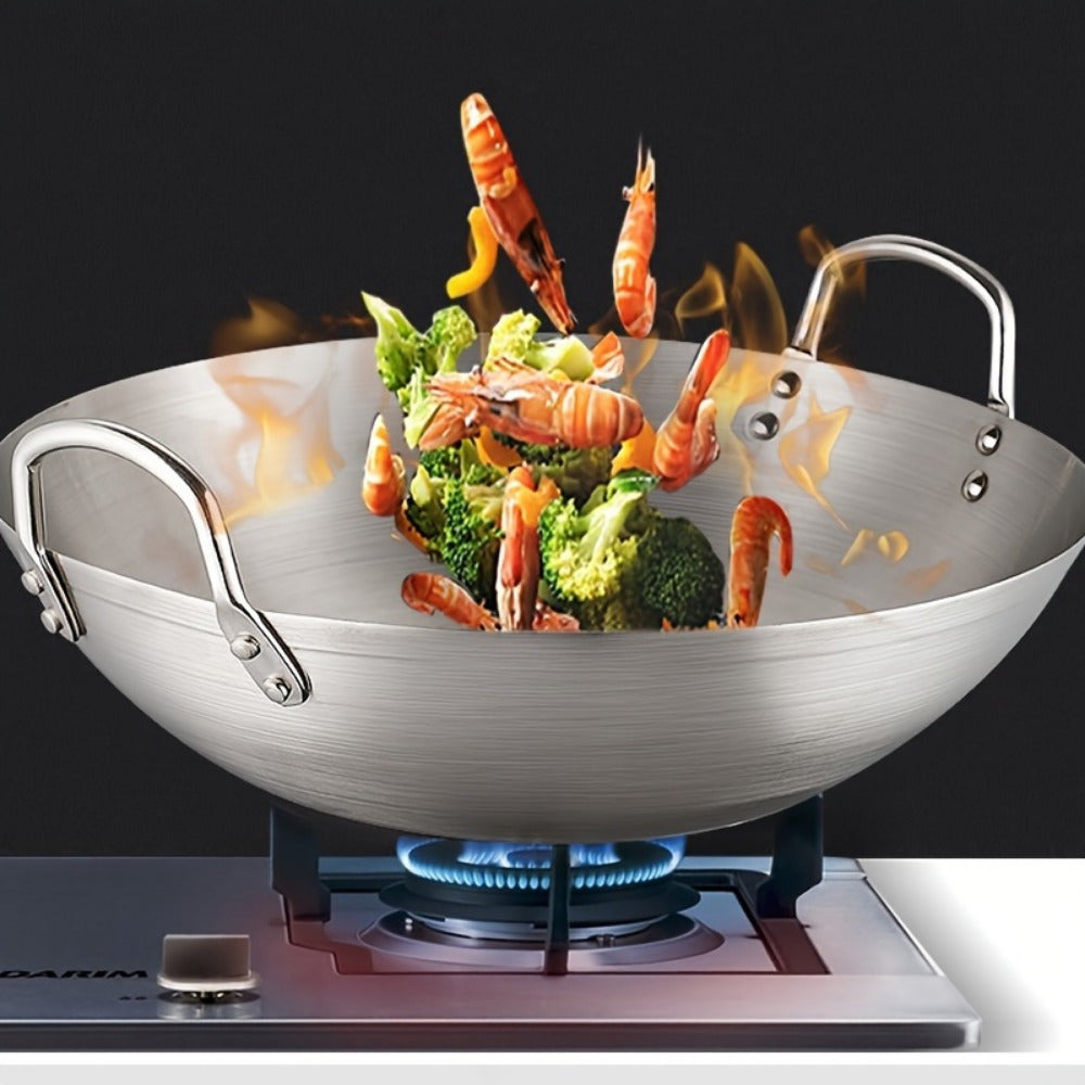 Wok de acero inoxidable de 40cm con doble asa para uso comercial y doméstico