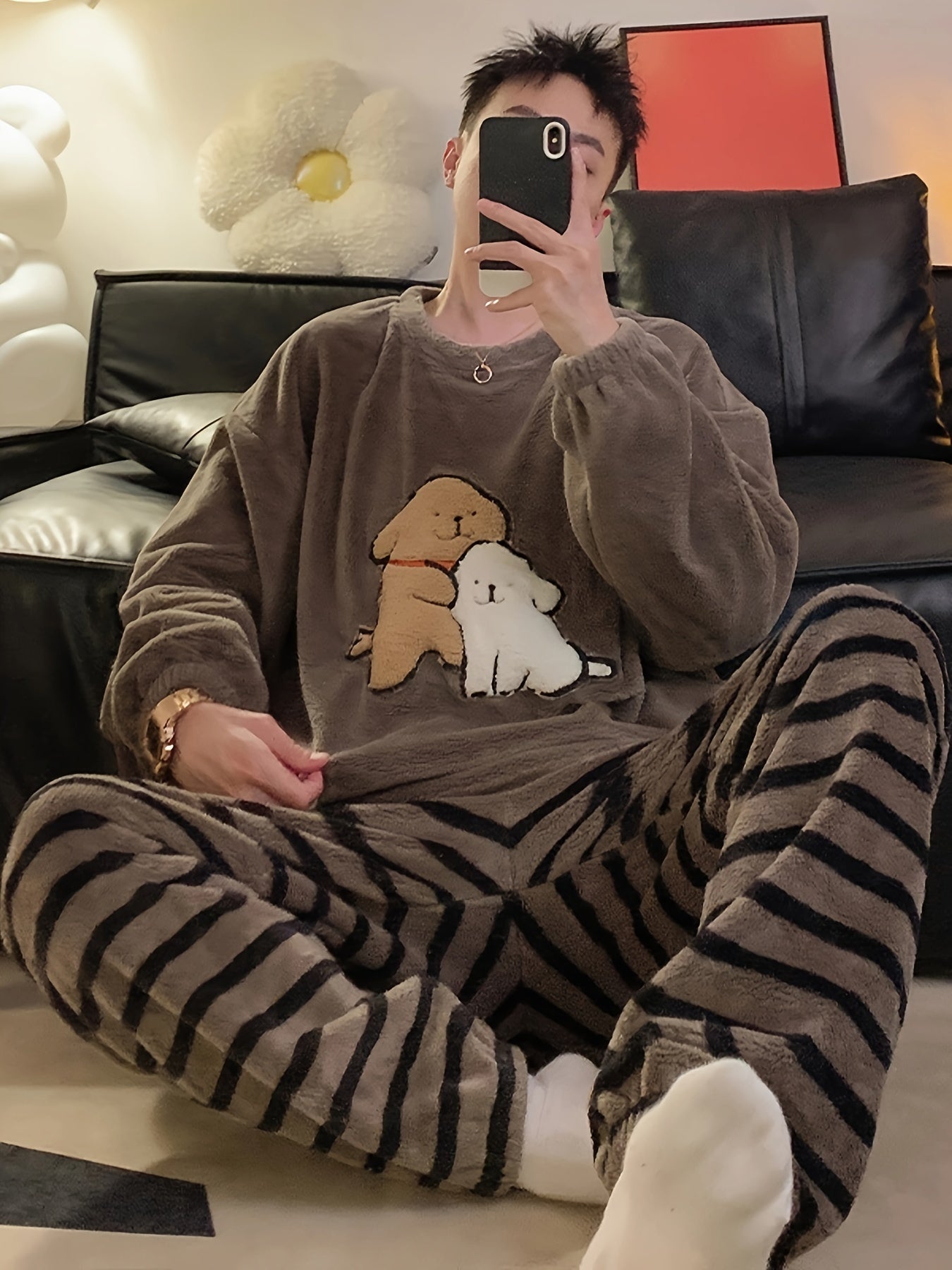 Conjunto de pijama de felpa para hombre con patrón de dibujos animados para otoño e invierno, ropa de casa
