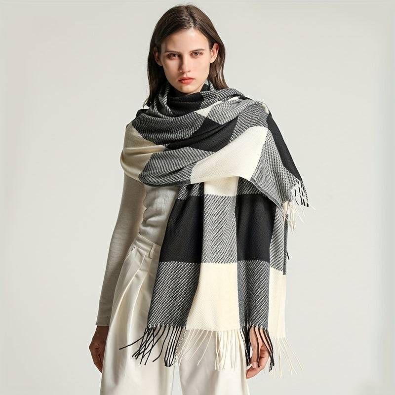 Chal con flecos para otoño e invierno, unisex, de imitación cachemira a cuadros