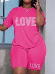 Plus-Size Women's Casual Polyester T-Shirt and Shorts Set with Alphabet Love Print