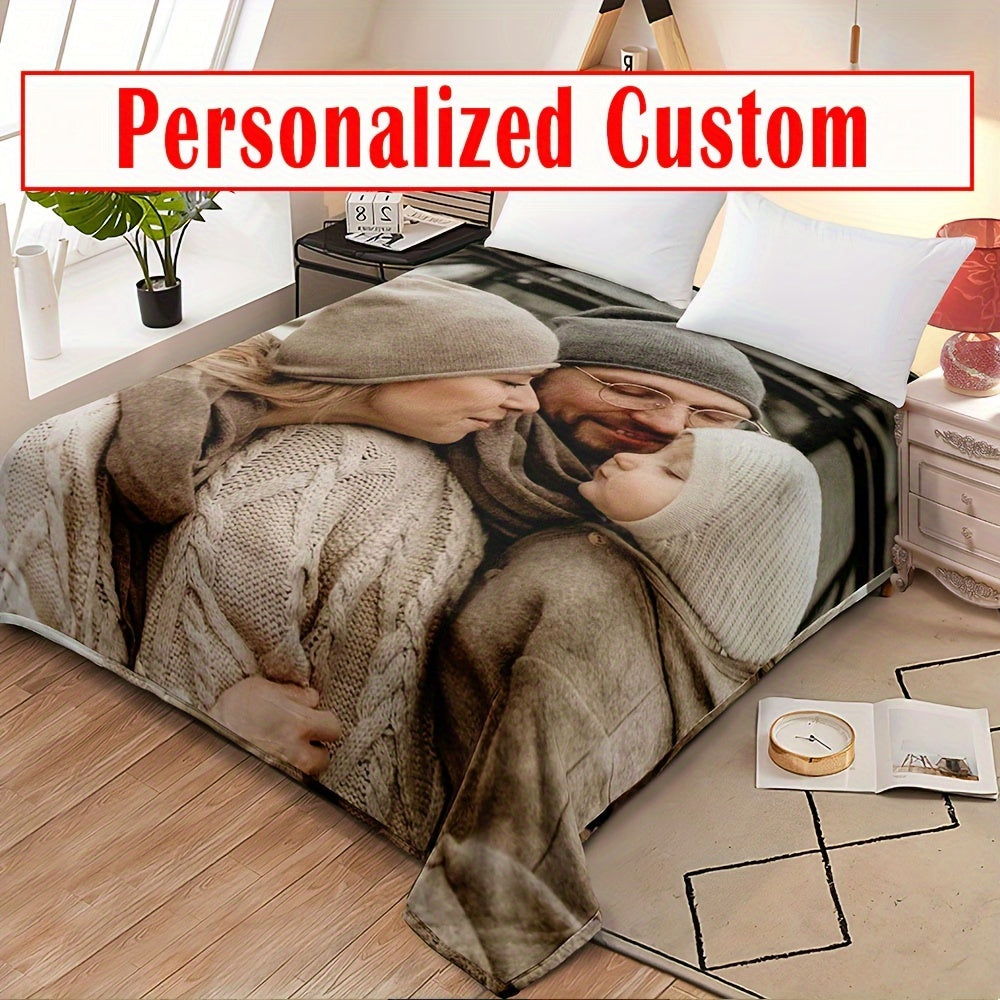 Personalized Flannel Bed Blanket with Photo and Text Reversible Microfiber Throw for All Seasons