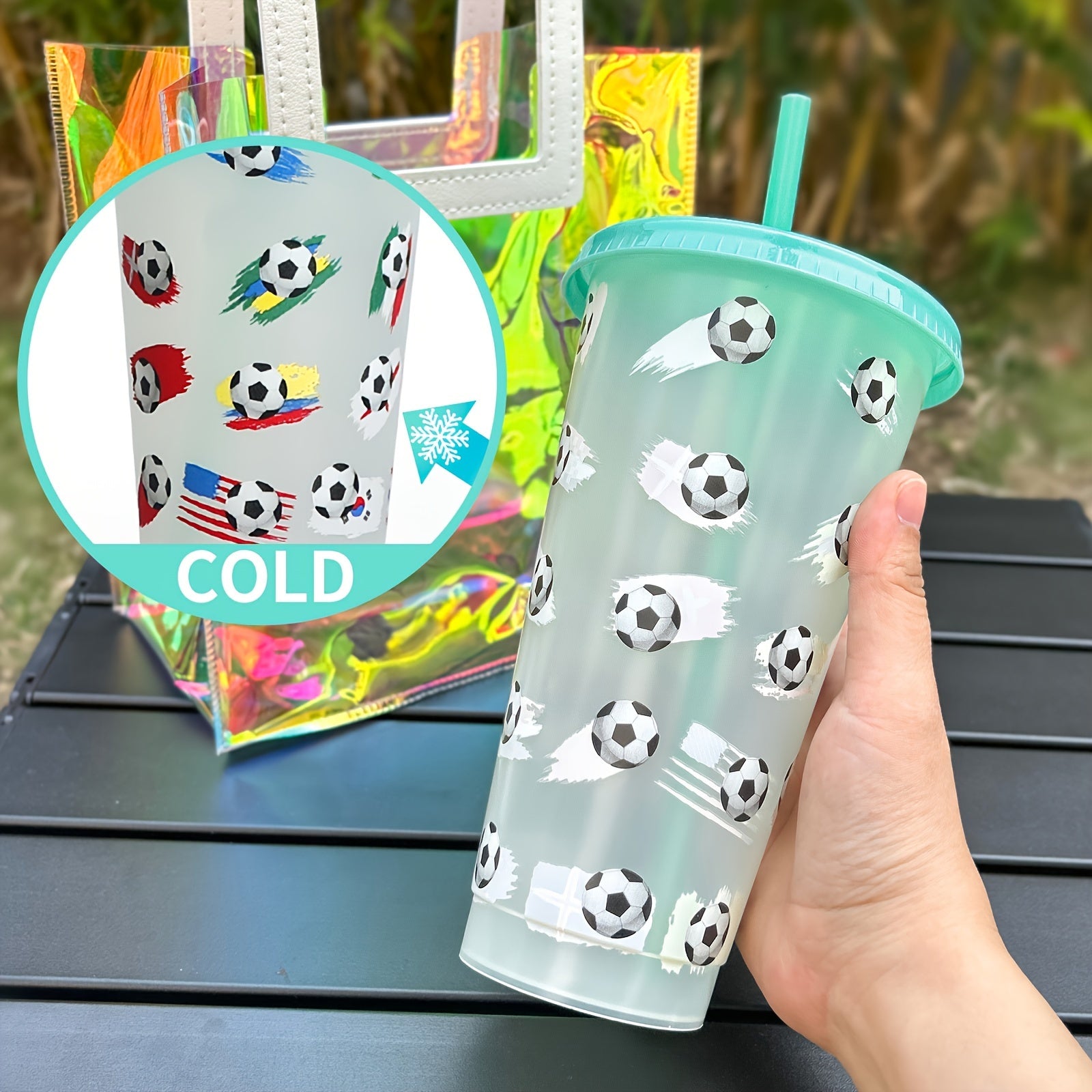 24oz Color-Changing Plastic Straw Cup with Football Design for Kids